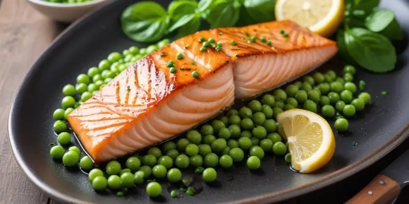 Saumon grillé à la plancha, purée de petits pois à la menthe