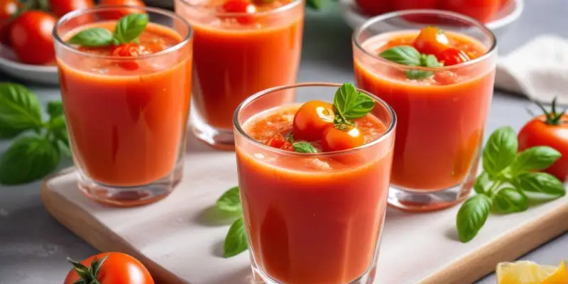 Verrines de Gaspacho de Tomates et Crème Fouettée au Basilic