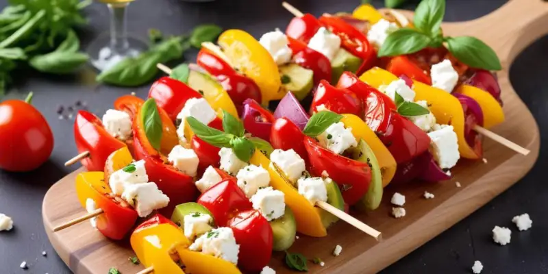 Brochettes de poivrons multicolores et feta marinée