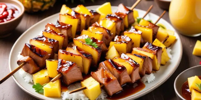 Brochettes de porc et ananas grillé sauce teriyaki