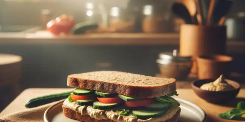 Sandwich au pain complet, houmous et crudités