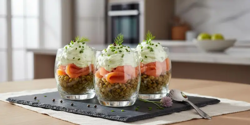 Verrines de Lentilles Vertes au Saumon Fumé et Crème de Ciboulette