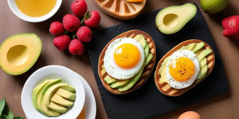 Brunch : Pain grillé, avocat, œufs brouillés et fruits frais