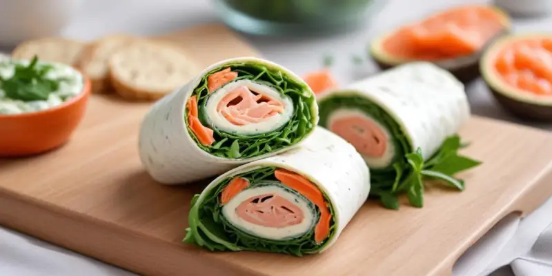 Wrap au saumon fumé, fromage frais aux herbes, concombre, roquette et câpres