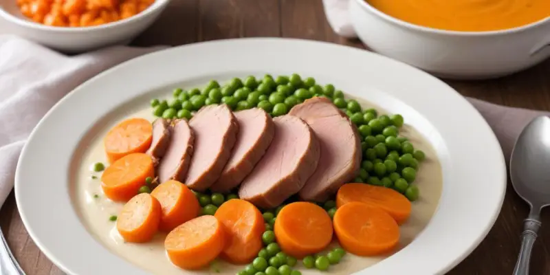Rôti de Porc au Lait, Purée de Carottes et Petits Pois