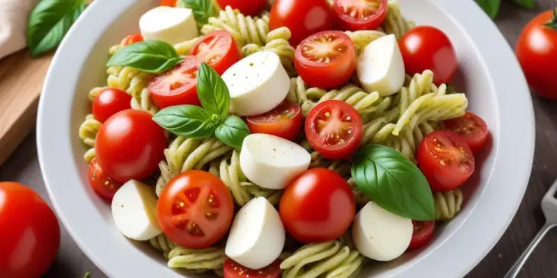 Salade de Pâtes Froides au Pesto, Tomates Cerises et Mozzarella