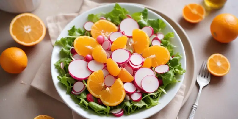 Salade tiède de jeunes pousses, radis croquants et vinaigrette à l’orange