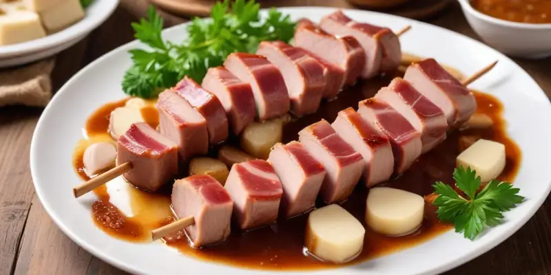 Brochettes de porc aux pruneaux et lard fumé