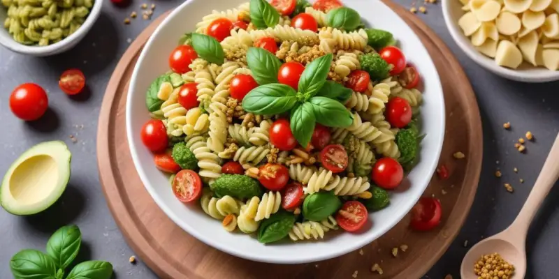 Salade de pâtes au pesto et légumes croquants