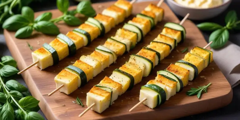 Brochettes de courgettes et fromage de brebis au thym