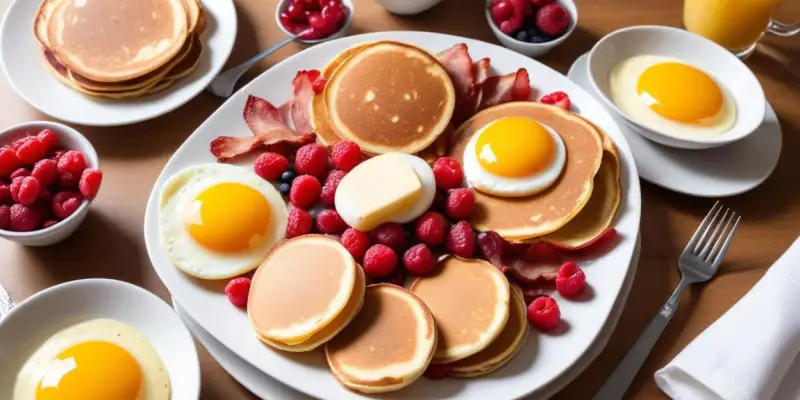Brunch Gourmand : Oeufs Brouillés, Bacon Croustillant et Pancakes aux Fruits Rouges
