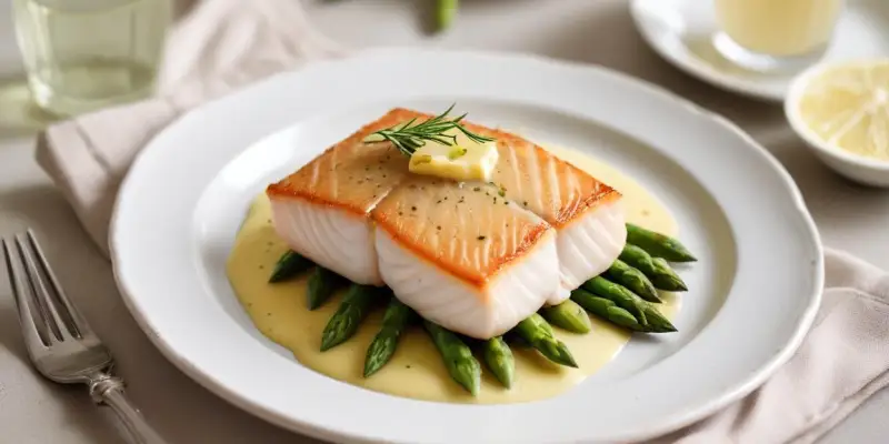 Filet de poisson au beurre citronné et purée d’asperges vertes