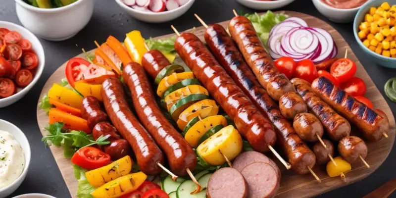Barbecue estival : Saucisses, Merguez, Brochettes de Légumes et Salade