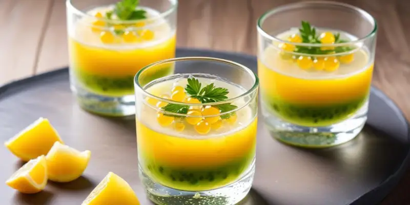 Verrine de bar mariné, gelée au yuzu et perles d'algues