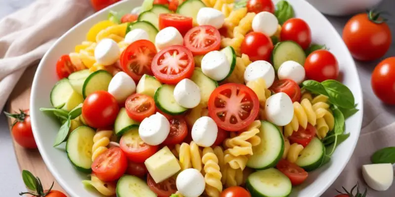 Salade de Pâtes Estivale à la Tomate, Concombre et Mozzarella