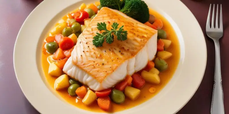 Dos de Cabillaud à la Sauce Safranée et Légumes Vapeur