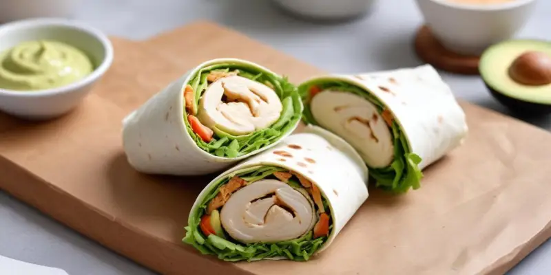 Wrap poulet-avocat avec sauce au yogourt aux herbes fraîches et mesclun croquant