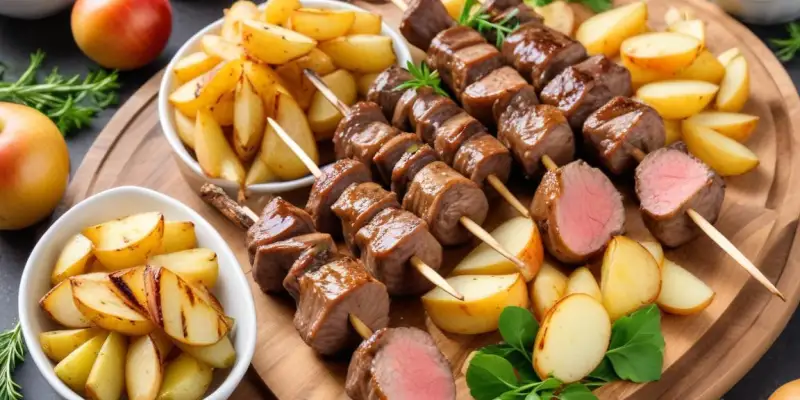 Brochettes d'agneau marinées, pommes de terre nouvelles au four, salade verte