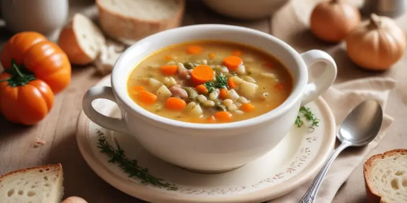 Soupe printanière aux légumes nouveaux et pain de campagne