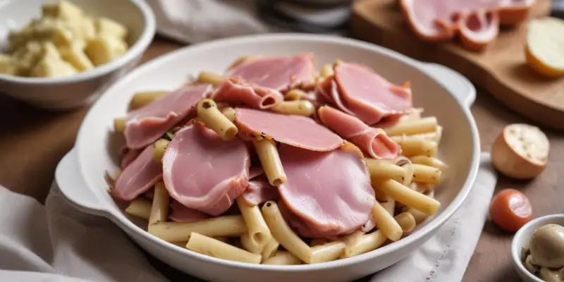 Pâtes au jambon grillé et champignons de Paris