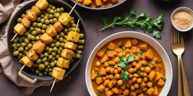 Brochettes de patates douces et pois chiches au curry
