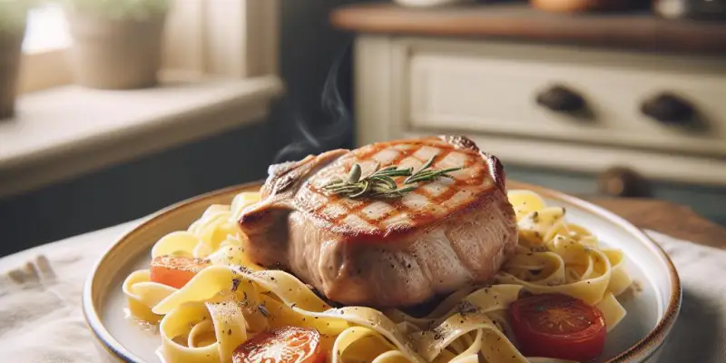 Côte de porc échine à la crème et tagliatelles