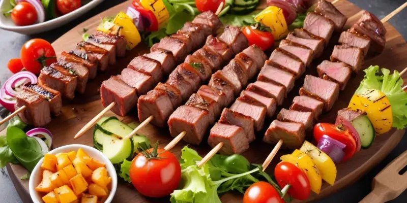 Barbecue : Brochettes de viande, salades composées et légumes grillés