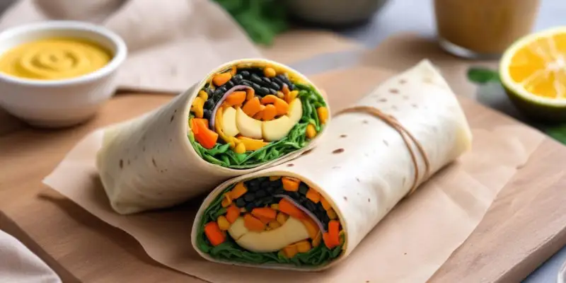 Wrap végétarien aux lentilles épicées, patate douce rôtie, épinards et sauce tahini au citron