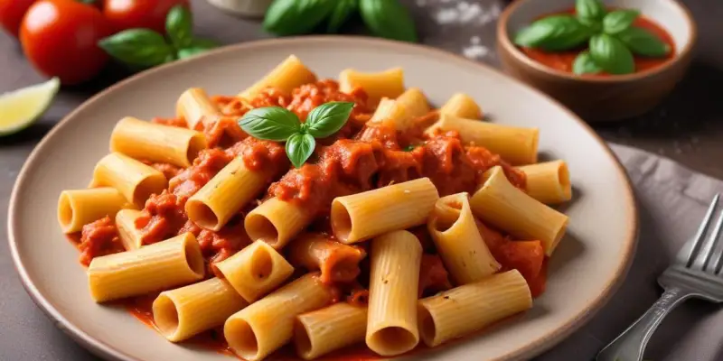Mezzi Rigatoni à la Sauce Tomate, Basilic et Viande