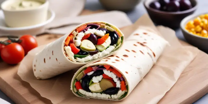 Wrap méditerranéen au houmous, légumes grillés, feta et olives Kalamata
