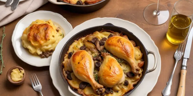 Poulet printanier aux morilles et vin jaune, gratin dauphinois