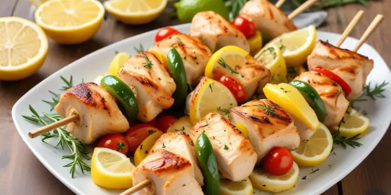 Brochettes de Poulet Marinées au Citron et Herbes, Légumes Grillés
