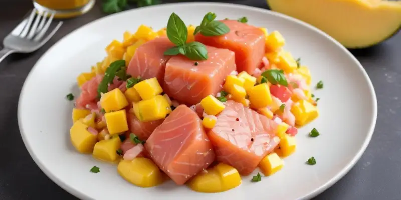 Tartare de saumon à la mangue et vinaigrette passion