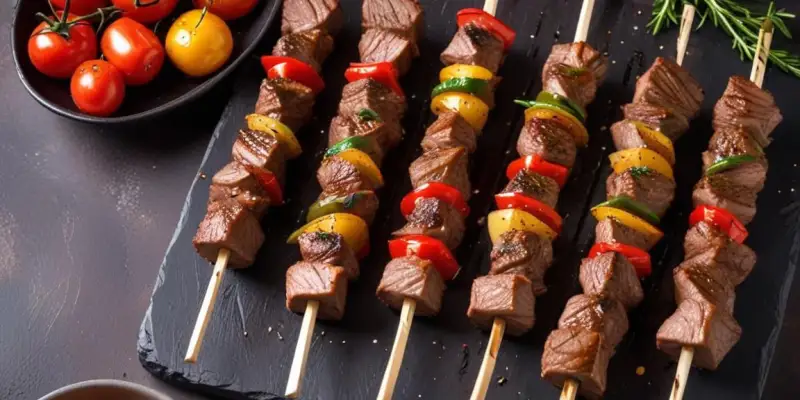 Brochettes d'agneau marinées et poivrons grillés
