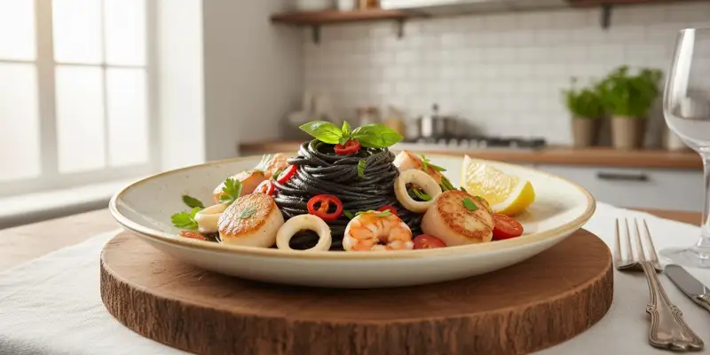 Linguine à l'Encre de Seiche et Trésors de l'Océan