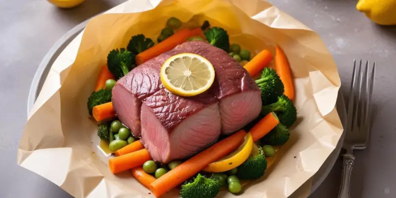 Filet de truite en papillote aux légumes printaniers et citron