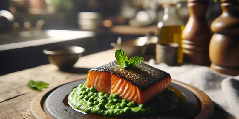 Saumon à la plancha, purée de petits pois à la menthe