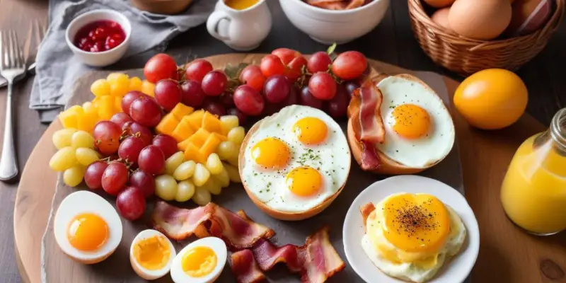Brunch : Oeufs brouillés, bacon, pain grillé, fruits frais