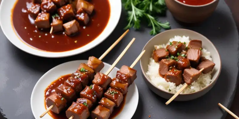 Brochettes de porc caramélisé à la sauce soja et au gingembre