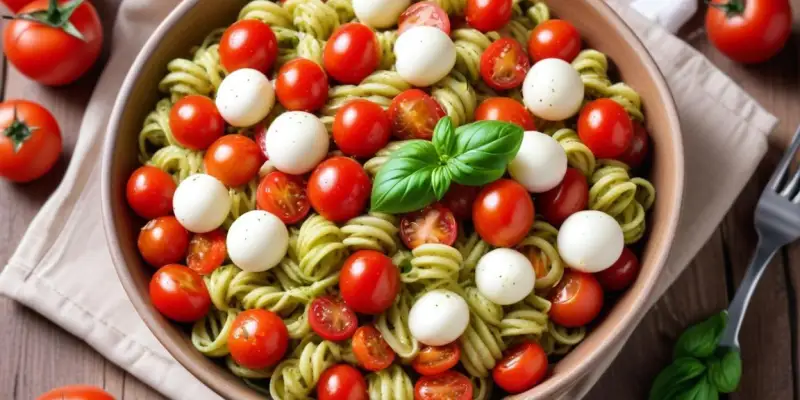 Salade de Pâtes Complètes au Pesto, Tomates Cerises et Mozzarella
