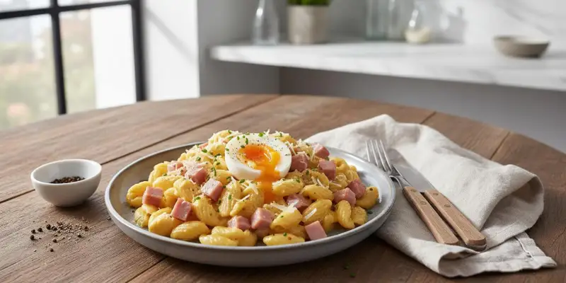 Coquillettes Protéinées au Jambon et Œuf Mollet