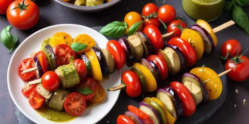 Brochettes de poivrons, aubergines et tomates cerises au pesto