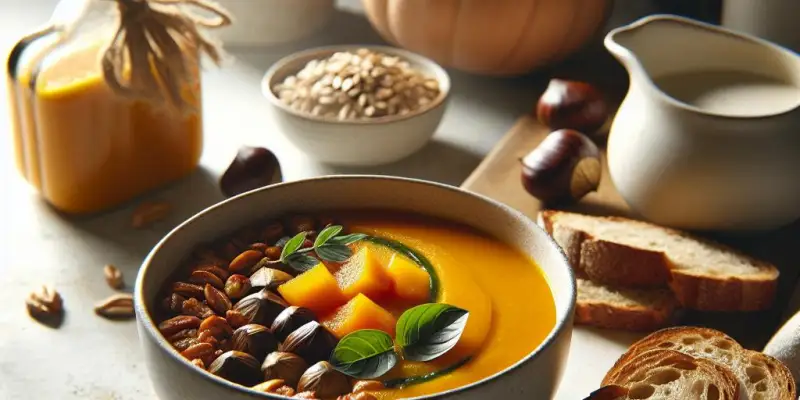Soupe de potimarron et châtaignes, accompagnée de pain complet