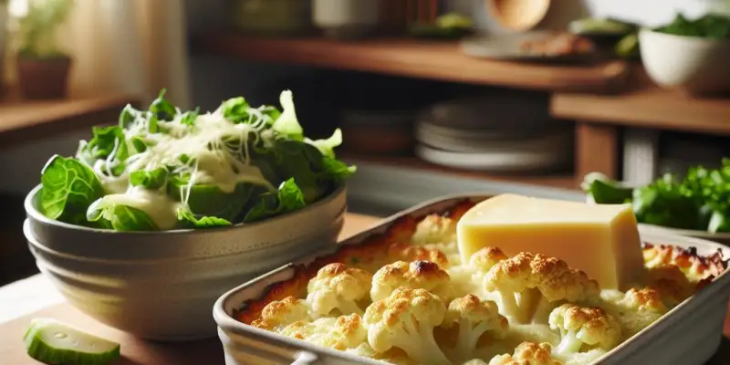Gratin de chou-fleur au comté, salade verte