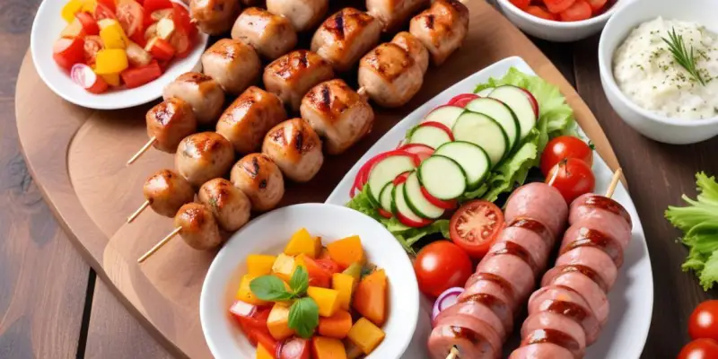 Barbecue estival : Brochettes de poulet, saucisses et salade de crudités