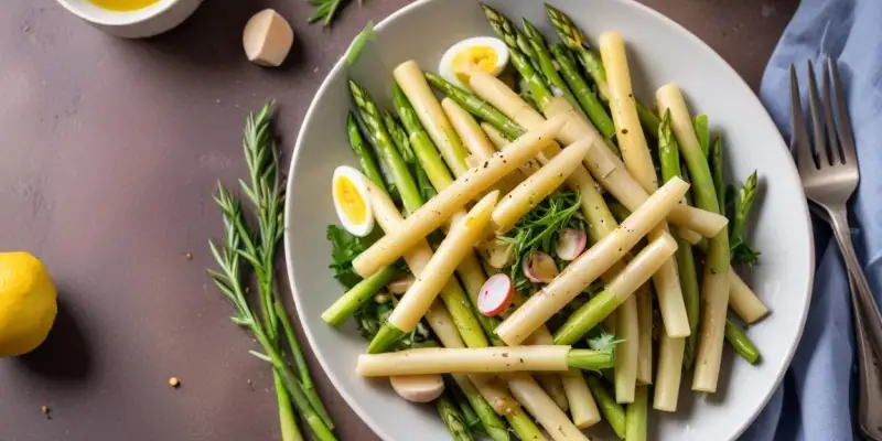 Salade printanière aux pâtes, asperges et vinaigrette citronnée