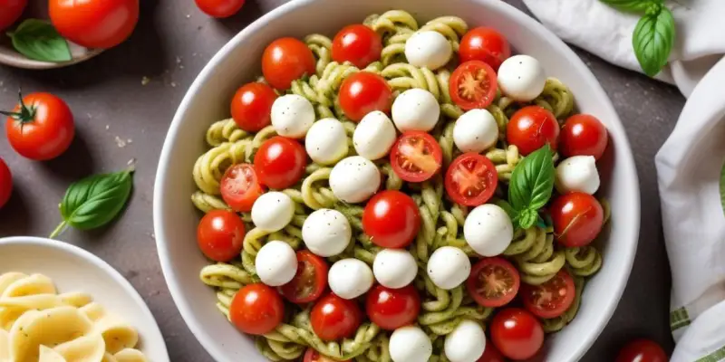 Salade de Pâtes Froides au Pesto, Tomates Cerises et Mozzarella
