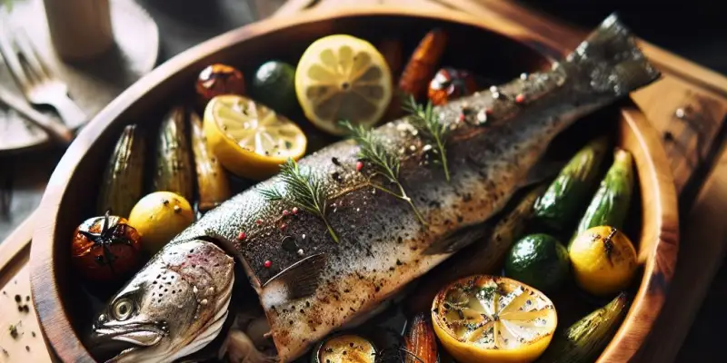 Truite au four, farcie aux herbes et citron, accompagnée de légumes d'hiver rôtis