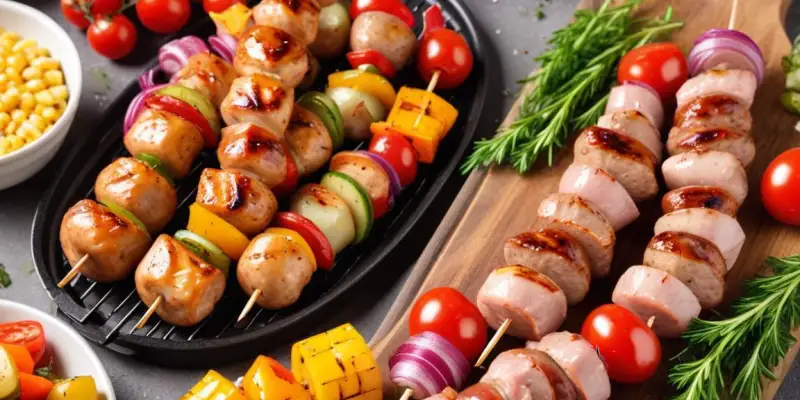 Barbecue estival : Brochettes de poulet, saucisses et légumes grillés