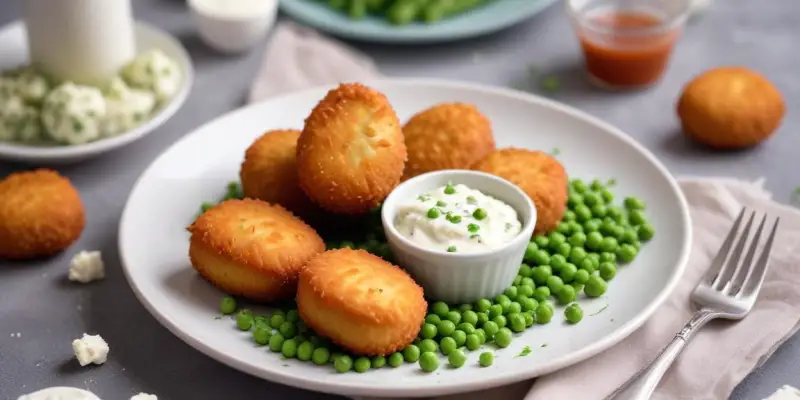 Croquettes de petits pois et feta, sauce au yaourt mentholée
